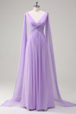 Lilac V-Neck Twist Front A-Line Watteau Train Bridesmaid Dress