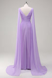 Lilac V-Neck Twist Front A-Line Watteau Train Bridesmaid Dress