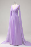 Lilac V-Neck Twist Front A-Line Watteau Train Bridesmaid Dress