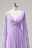 Lilac V-Neck Twist Front A-Line Watteau Train Bridesmaid Dress