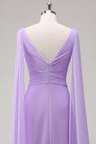 Lilac V-Neck Twist Front A-Line Watteau Train Bridesmaid Dress