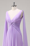 Lilac V-Neck Twist Front A-Line Watteau Train Bridesmaid Dress