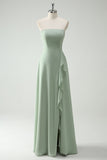 Strapless Dusty Sage Ruffled A-Line Bridesmaid Dress with Slit