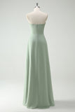 Strapless Dusty Sage Ruffled A-Line Bridesmaid Dress with Slit