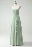 Strapless Dusty Sage Ruffled A-Line Bridesmaid Dress with Slit