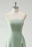 Strapless Dusty Sage Ruffled A-Line Bridesmaid Dress with Slit