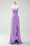 A-LIne Strapless Purple Bow Bridesmaid Dress with Slit