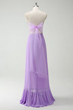 A-LIne Strapless Purple Bow Bridesmaid Dress with Slit