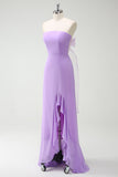 A-LIne Strapless Purple Bow Bridesmaid Dress with Slit