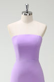 A-LIne Strapless Purple Bow Bridesmaid Dress with Slit