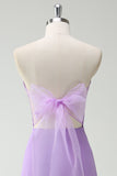 A-LIne Strapless Purple Bow Bridesmaid Dress with Slit