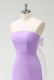 A-LIne Strapless Purple Bow Bridesmaid Dress with Slit