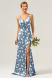 Blue White Flower Mermaid Floral Bridesmaid Dress with Slit