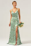 Sage White Flower Spaghetti Straps Mermaid Floral Bridesmaid Dress with Slit