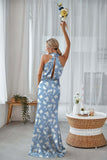 Blue White Flower Halter Satin Floral Sheath Bridesmaid Dress