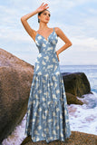 Navy Bloom A-Line Corset Satin Tiered Floral Bridesmaid Dress