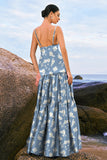 Navy Bloom A-Line Corset Satin Tiered Floral Bridesmaid Dress