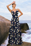 Navy Bloom A-Line Corset Satin Tiered Floral Bridesmaid Dress