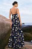 Navy Bloom A-Line Corset Satin Tiered Floral Bridesmaid Dress