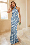 Blue White Flower Halter Mermaid Satin Bridesmaid Dress