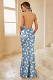 Blue White Flower Halter Mermaid Satin Bridesmaid Dress