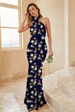 Blue White Flower Halter Mermaid Satin Bridesmaid Dress