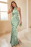 Sage White Flower Halter Mermaid Backless Satin Bridesmaid Dress