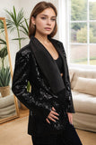 Black Sequined Shawl Lapel Women's Party Blazer