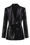 Black Sequined Shawl Lapel Women's Party Blazer