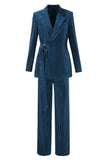 Peacock Blue Stripes Notched Lapel 2 Pieces Suits with Belt