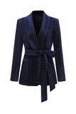 2 Pieces Shawl Lapel Navy Women's Suits with Belt