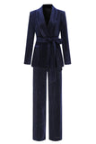 2 Pieces Shawl Lapel Navy Women's Suits with Belt