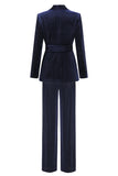 2 Pieces Shawl Lapel Navy Women's Suits with Belt