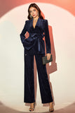 Sparkly Navy 2 Pieces Shawl Lapel Velvet Women's Suits with Belt