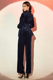 Sparkly Navy 2 Pieces Shawl Lapel Velvet Women's Suits with Belt