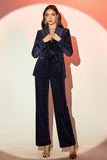 Sparkly Navy 2 Pieces Shawl Lapel Velvet Women's Suits with Belt