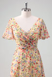 Yellow Flower Printed Chiffon A-Line V-neck Short Sleeves Bridesmaid Dress