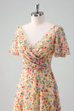 Yellow Flower Printed Chiffon A-Line V-neck Short Sleeves Bridesmaid Dress