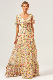 Yellow Flower Printed V-neck Pleated Chiffon A-Line Bridesmaid Dress