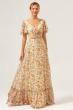 Yellow Flower Printed V-neck Pleated Chiffon A-Line Bridesmaid Dress