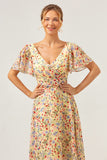 Yellow Flower Printed V-neck Pleated Chiffon A-Line Bridesmaid Dress