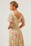 Yellow Flower Printed V-neck Pleated Chiffon A-Line Bridesmaid Dress