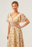 Yellow Flower Printed V-neck Pleated Chiffon A-Line Bridesmaid Dress