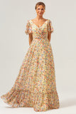 Yellow Flower Printed V-neck Pleated Chiffon A-Line Bridesmaid Dress