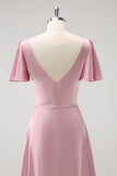 Pink A-Line Ruffle Wrap Short Sleeves Long Satin Bridesmaid Dress