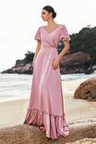 Pink A-Line V-Neck Ruffle Sleeves Wrap Satin Bridesmaid Dress