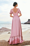 Pink A-Line V-Neck Ruffle Sleeves Wrap Satin Bridesmaid Dress