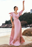 Pink A-Line V-Neck Ruffle Sleeves Wrap Satin Bridesmaid Dress