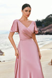 Pink A-Line V-Neck Ruffle Sleeves Wrap Satin Bridesmaid Dress