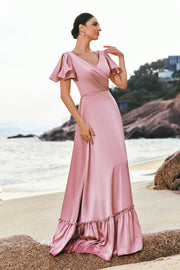 Pink A-Line V-Neck Ruffle Sleeves Wrap Satin Bridesmaid Dress